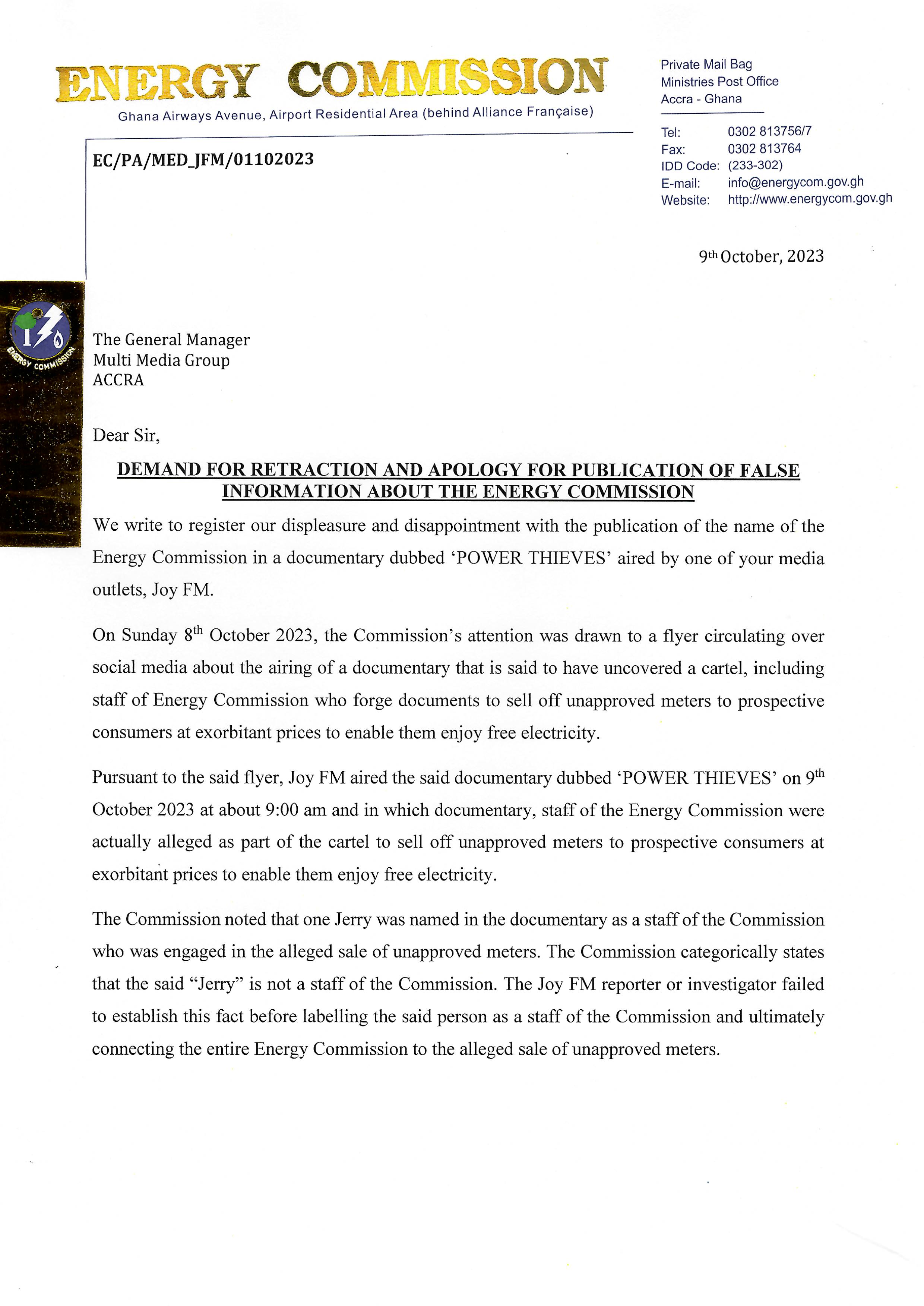 Outgoing Letter Multi Media Group Demand for Retraction and Apology for Publication of False Information about Energy Commission Page 1